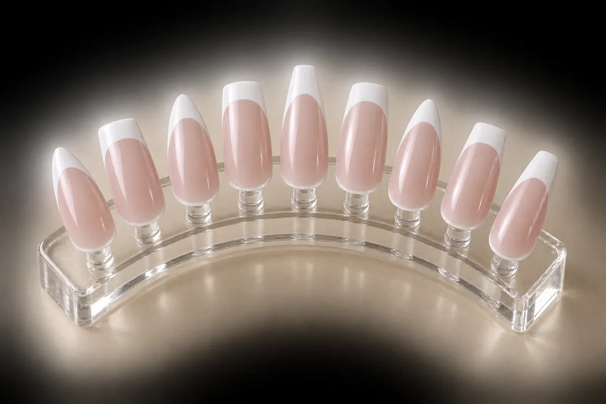 Éventail de capsules longues en amande, carré et ballerine peintes d&rsquo;un bord blanc net, posées sur un présentoir transparent