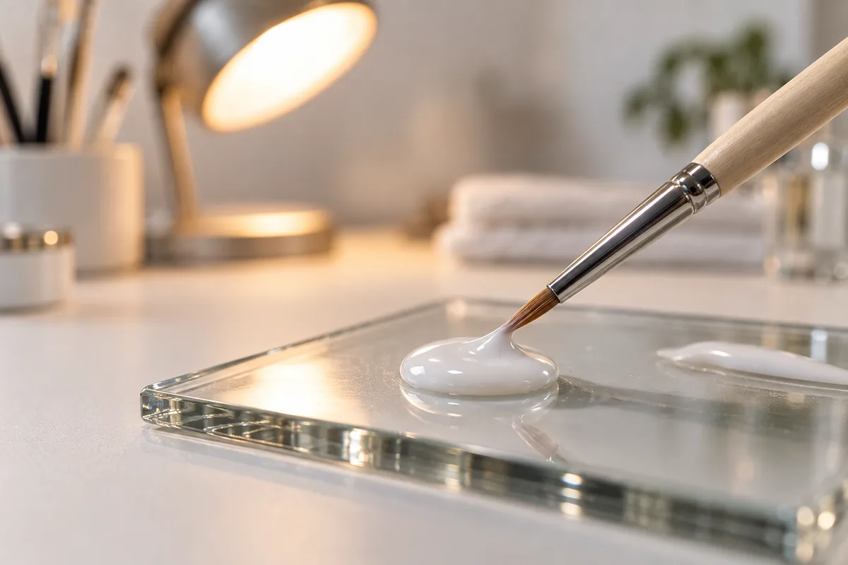 Pinceau fin trempé dans une goutte de gel blanc sur une palette en verre devant une lampe d&rsquo;architecte allumée