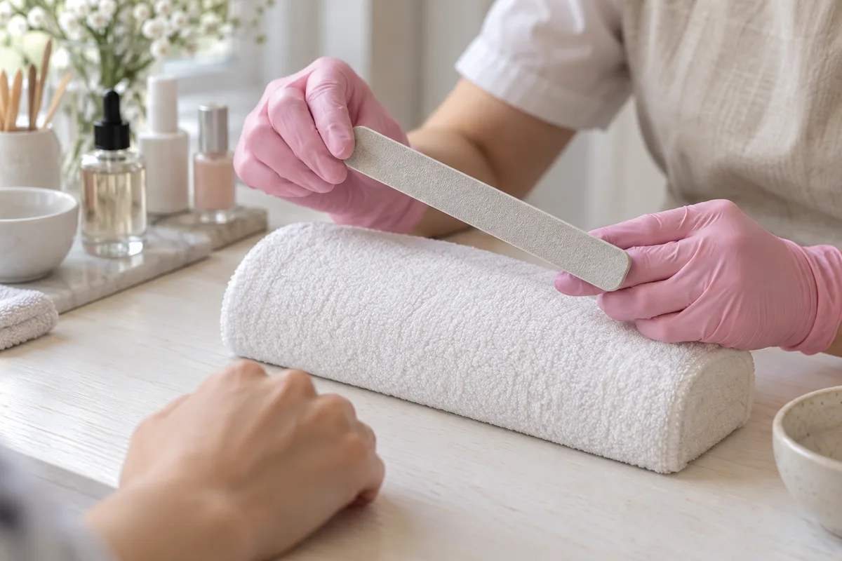 Mains gantées de nitrile rose tenant une longue lime au-dessus d&rsquo;un coussin repose-main en éponge blanche