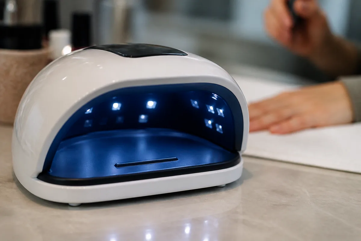 Lampe de catalyse UV LED ouverte sur un plan de travail, main floue à l&rsquo;arrière-plan