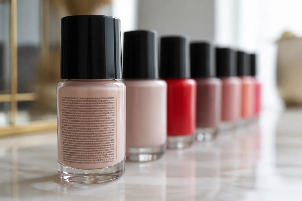 Flacons de vernis alignés avec une étiquette de composition visible en gros plan, lumière douce