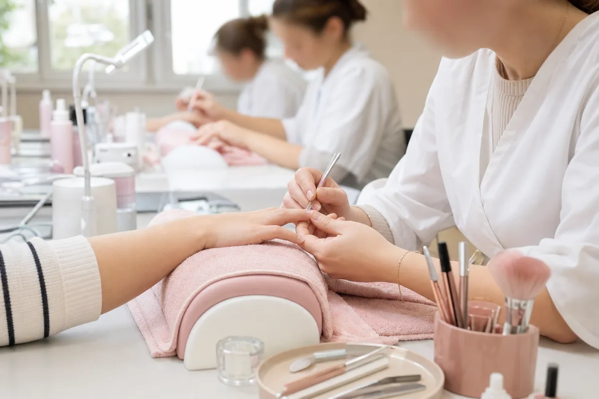 Élève en formation esthétique pratiquant un soin des mains sur un modèle dans une salle de cours