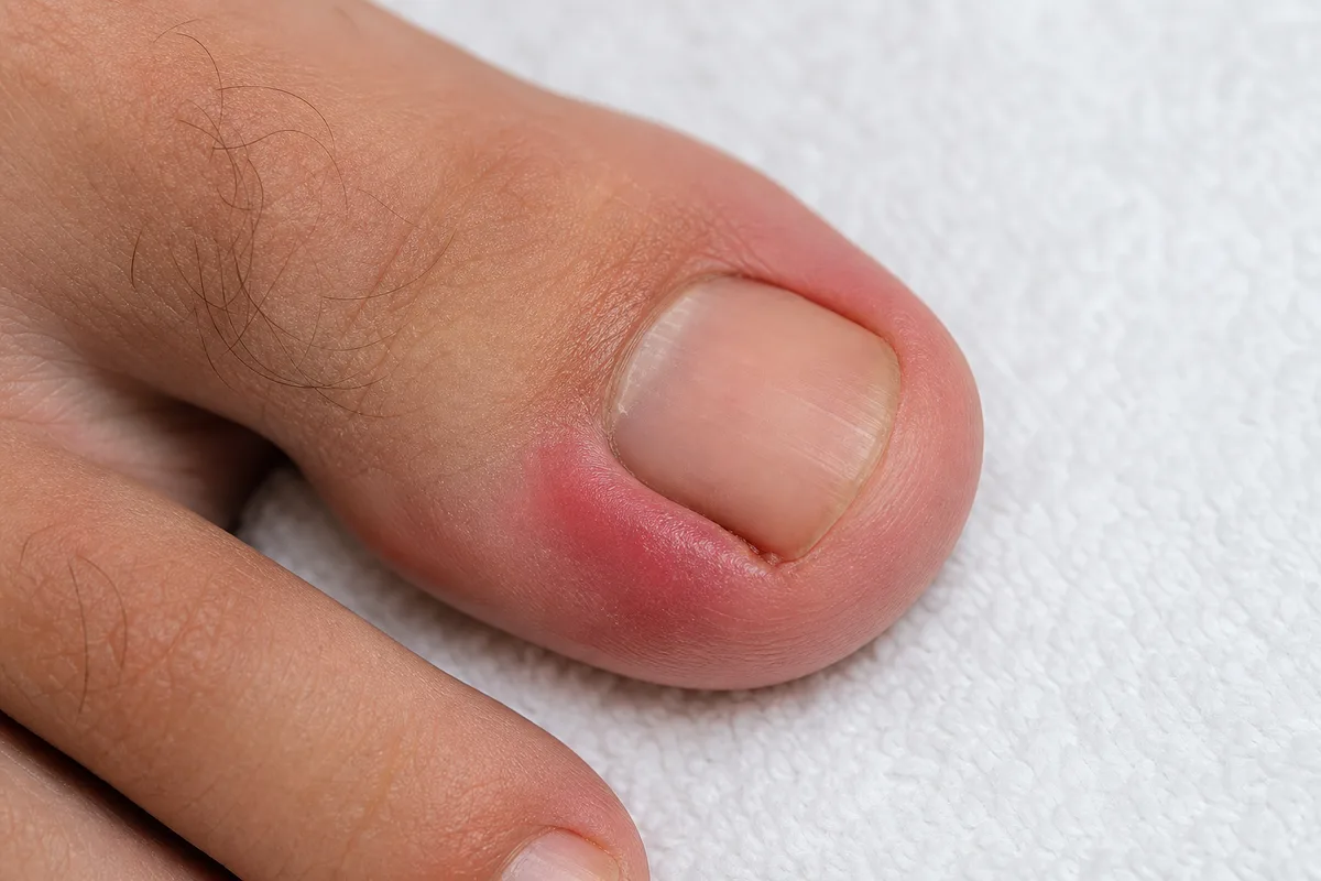 Gros plan sur un gros orteil dont le pourtour de l’ongle est rouge et légèrement gonflé