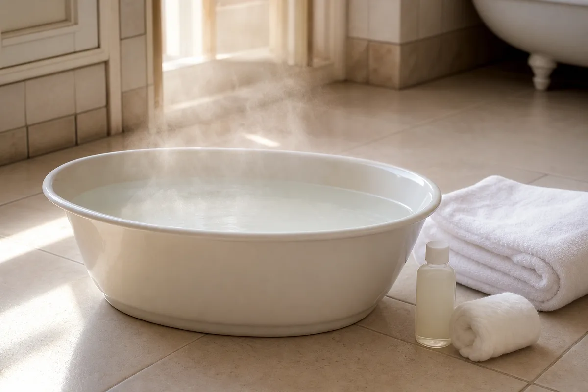 Bassine d’eau chaude et serviette blanche préparées pour un bain de pied à domicile