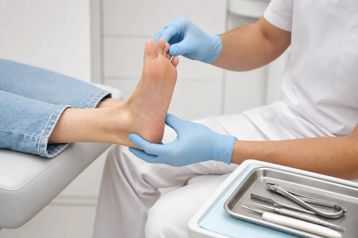 Professionnel de santé ganté examinant le pied d’un patient dans un cabinet clair