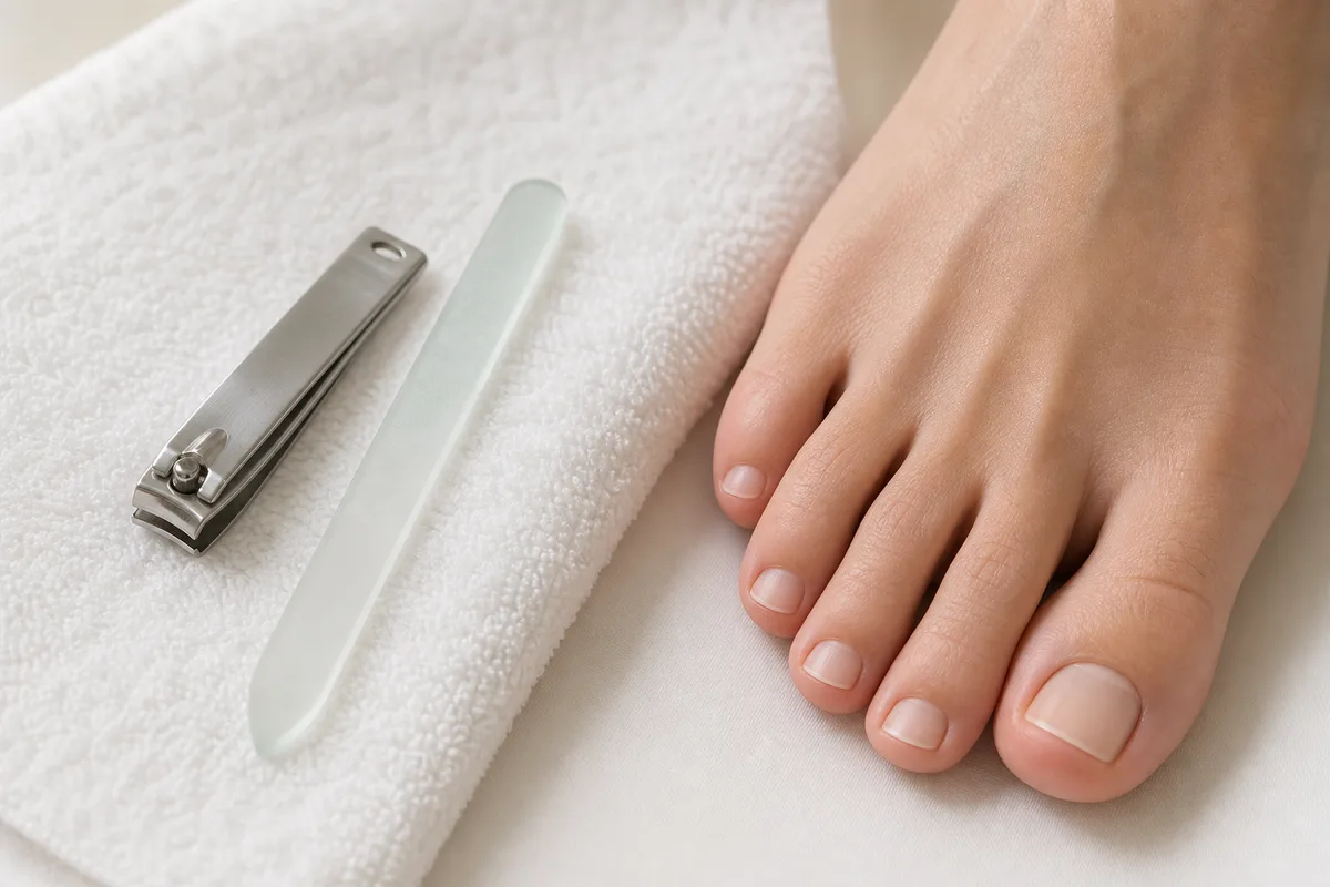 Coupe-ongles droit et lime posés près d’un pied aux ongles taillés nets