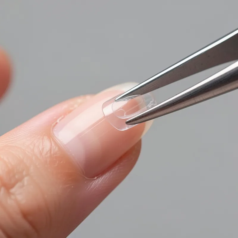 Capsule transparente présentée à quarante-cinq degrés contre le bord libre d&rsquo;un ongle avant collage
