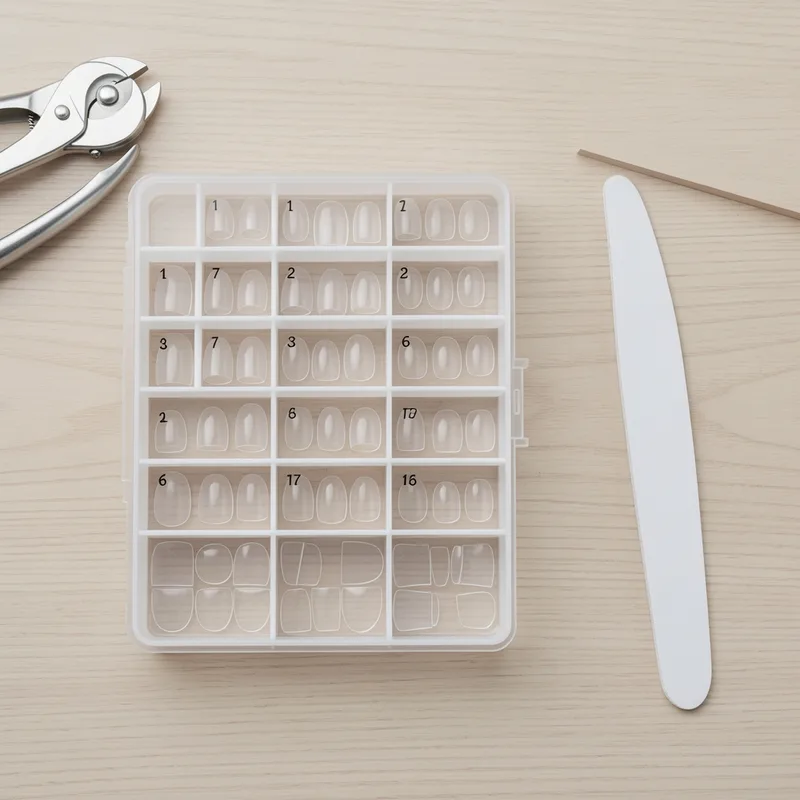 Set de capsules d&rsquo;ongles transparentes triées par taille sur un plan de travail de prothésiste