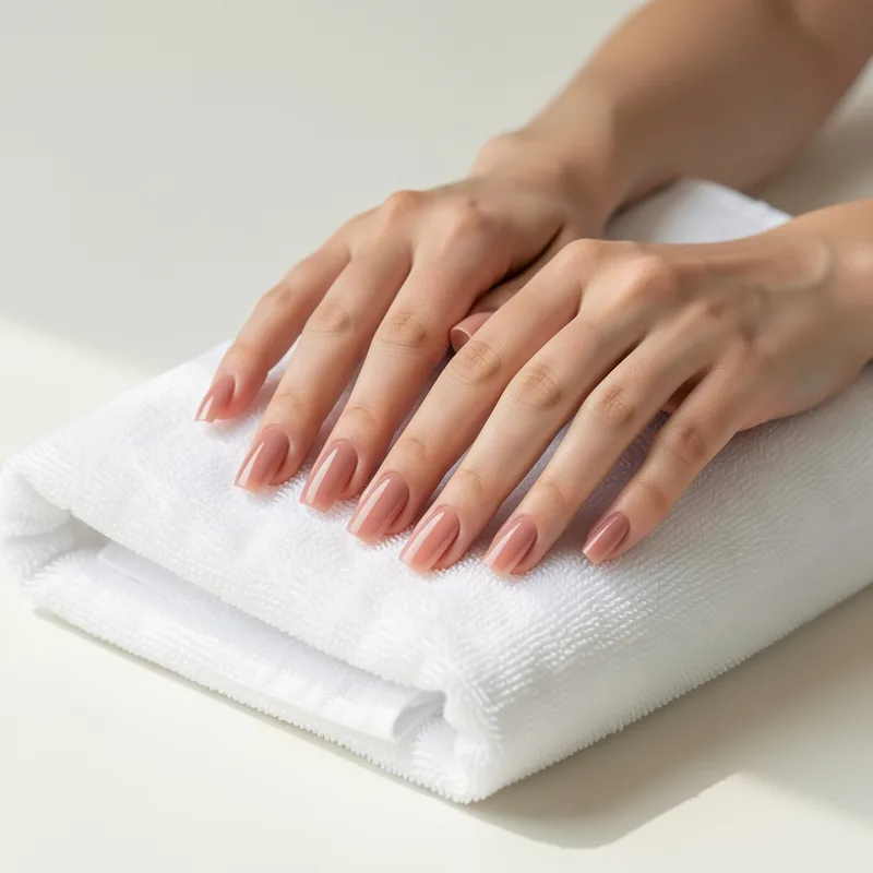 Mains aux ongles longs en gel posés sur capsules, finition carrée nude