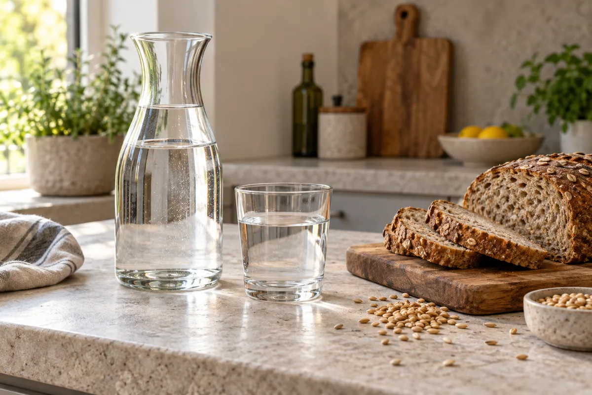 Carafe en verre et verre d&rsquo;eau posés près de tranches de pain complet sur un plan de travail en pierre claire