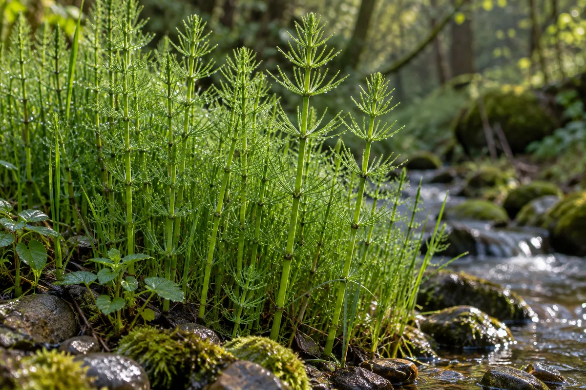 Tiges de prêle des champs vert vif poussant au bord d&rsquo;un ruisseau, couvertes de rosée au petit matin